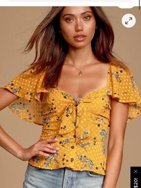 Astr Yellow Floral Tie-Front Flutter Sleeve Blouse